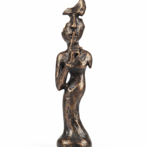 Small Abstract Silence Sculpture figure in a distressed bronze finish, holding a finger to its lips.