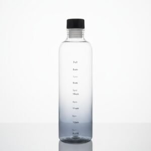 Clear cylindrical time marked water bottle with a black cap and a blue-grey gradient base, featuring hourly hydration tracker markings from 8 AM to 8 PM and a 'Refill' prompt.