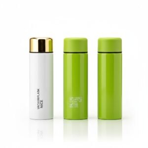 Three slim stainless steel vacuum flasks, one white with a gold lid and "VACUUMFLASK NICE" text, and two bright lime green ones with matching lids, presented on a white surface with reflections.