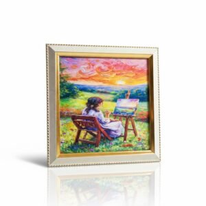 Framed Impressionist Wall Art depicting an artist painting a vibrant sunset landscape in a field.