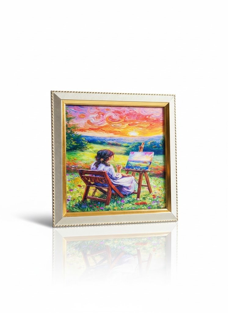 Framed Impressionist Wall Art depicting an artist painting a vibrant sunset landscape in a field.