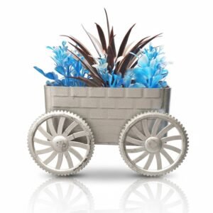 Industrial Artificial Plant Wagon Decor with silver metallic finish and contrasting blue and burgundy faux foliage