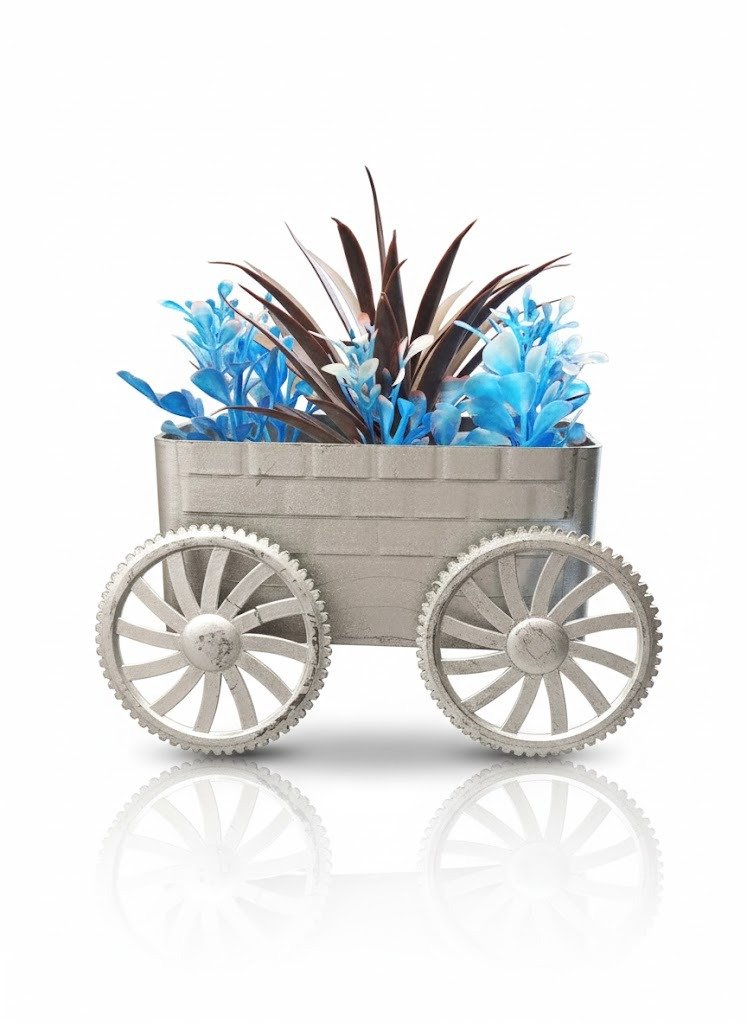 Industrial Artificial Plant Wagon Decor with silver metallic finish and contrasting blue and burgundy faux foliage