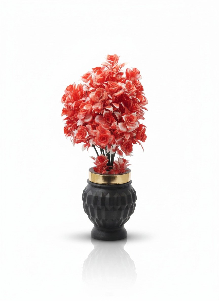 Vibrant Red Artificial Flowers in Modern Black Urn Vase with Gold Accent