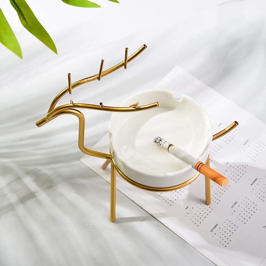 Luxury Ceramic Deer Ashtray with Gold Metal Stag Stand
