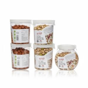 Set of five Kit Kat Air Tight Food Storage Jars, stackable clear plastic containers filled with almonds and pistachios, on a white background with reflection.