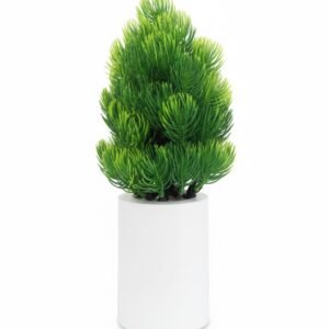 Small, vibrant green mini artificial pine plant with dense needles, sitting in a modern, cylindrical white ceramic-style pot.
