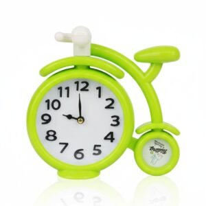 Vibrant green bicycle alarm clock, novelty design, analog face with black numbers, suitable for a kid's desk or bedside table.